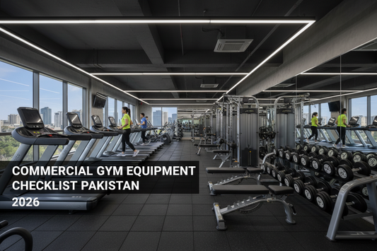 Commercial gym equipment checklist in Pakistan featuring treadmills, strength machines, free weights, and cardio equipment available at Fitness Needs