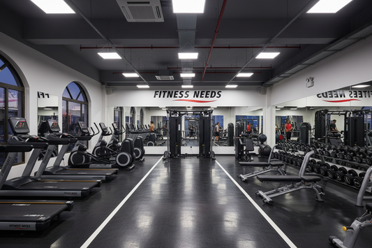 Commercial gym setup in Pakistan featuring premium cardio equipment, strength machines, free weights, and fitness equipment available at Fitness Needs.
